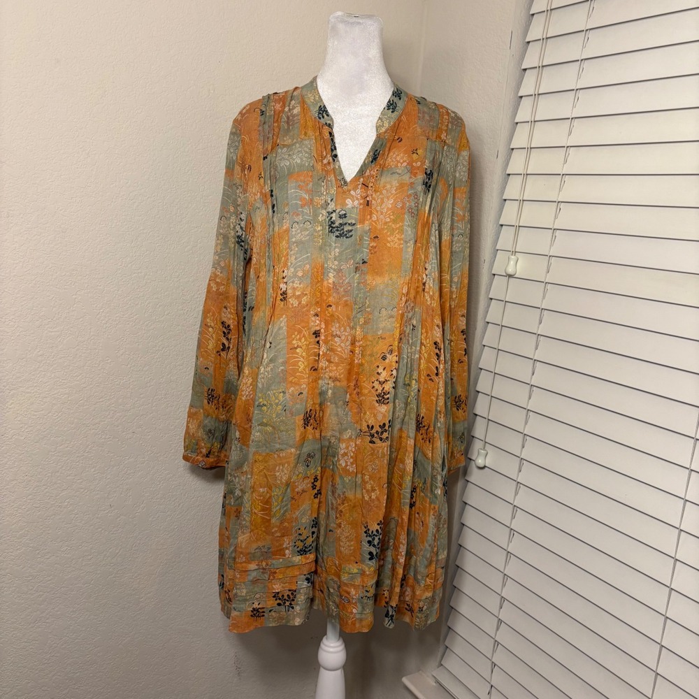 Peruvian Connection Orange Patchwork Floral Pleated Viscose Tunic Dress Small